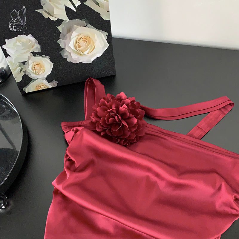 Rose design whitening slim fit pleated tube top