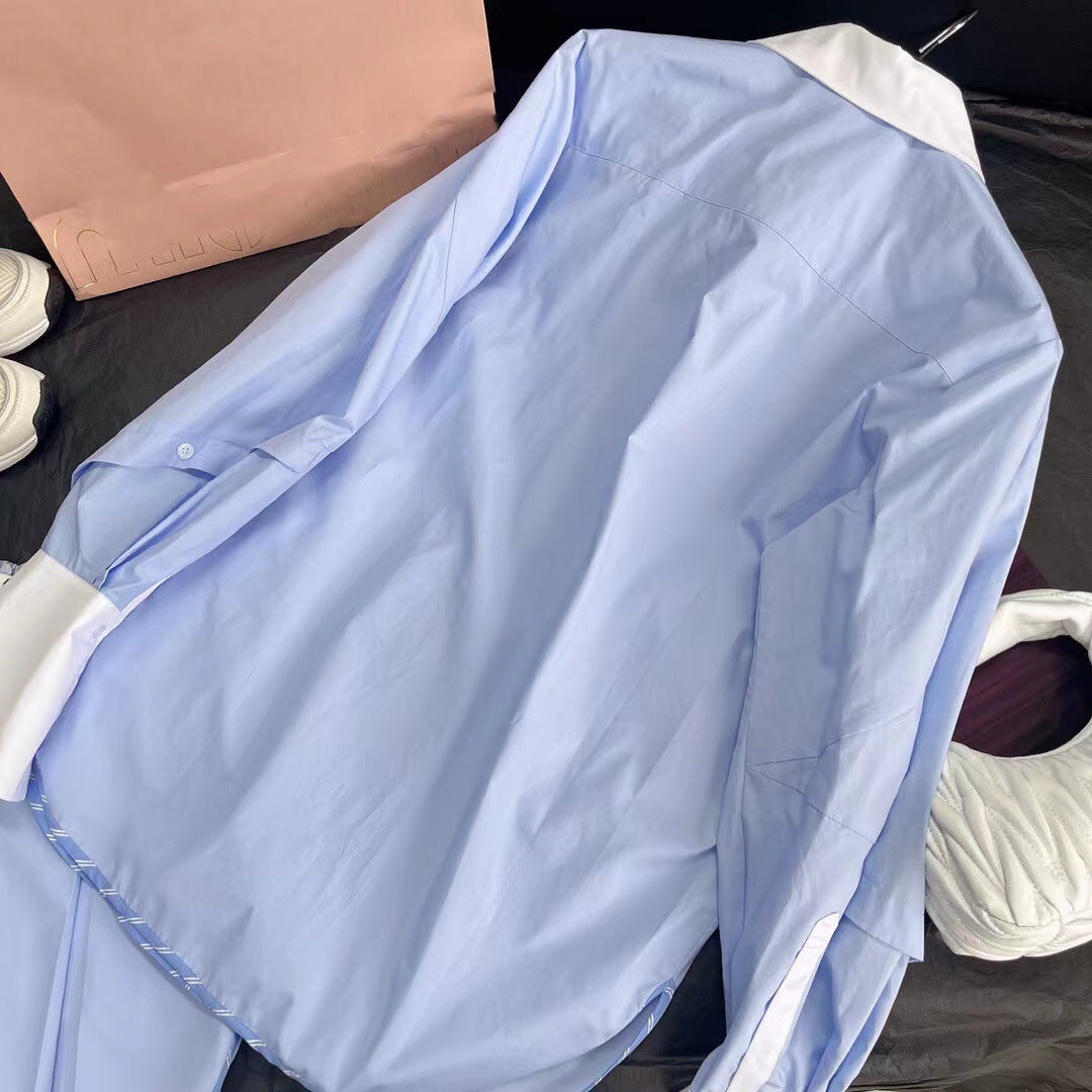 Lazy style contrast striped embroidered lapel sun protection shirt casual shorts suit
