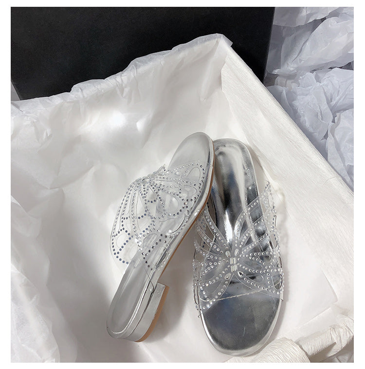 Super Fairy Rhinestone Transparent Butterfly PVC Low Heel Slippers for Women