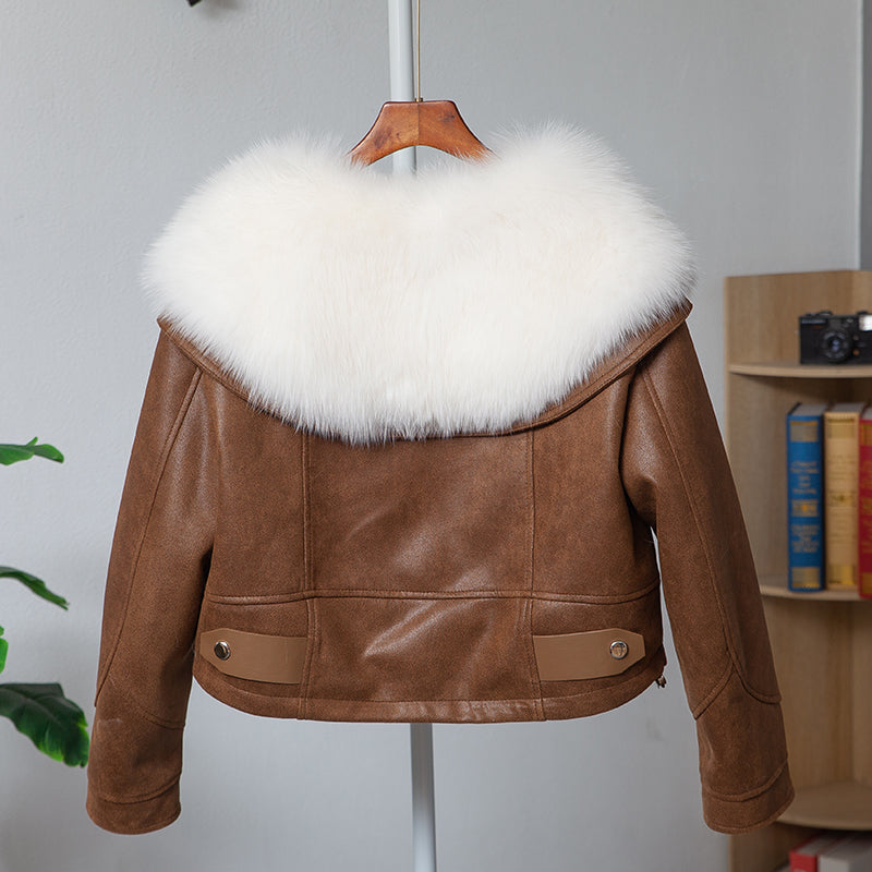 Fox Fur Motorcycle Jacket Large Fur Collar Leather