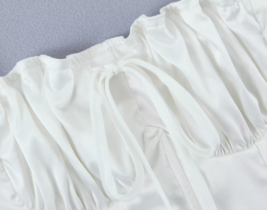 European and American black satin pleated fishbone slim-fitting high-end top