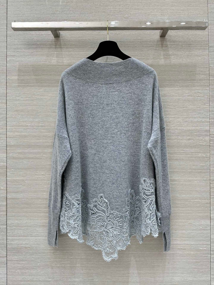 Crew neck lace appliqué cashmere sweater