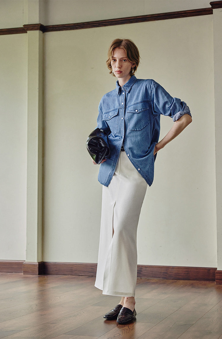 Light washed linen peak collar denim shirt