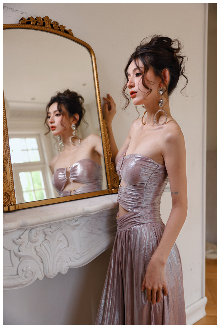 Streaming pink navel-baring tube top dress, hollow birthday skirt, mini dress