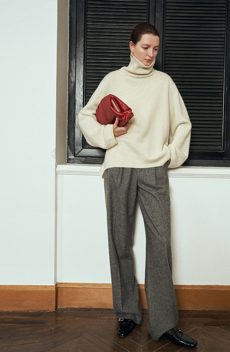 Herringbone pattern Australian wool trousers baggy wide leg trousers