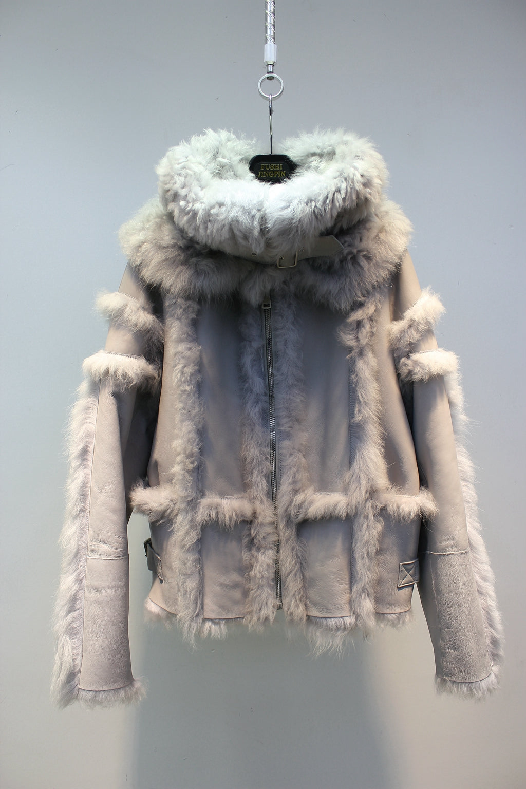 Tuscan sheepskin one-piece navy collar biker short fur coat