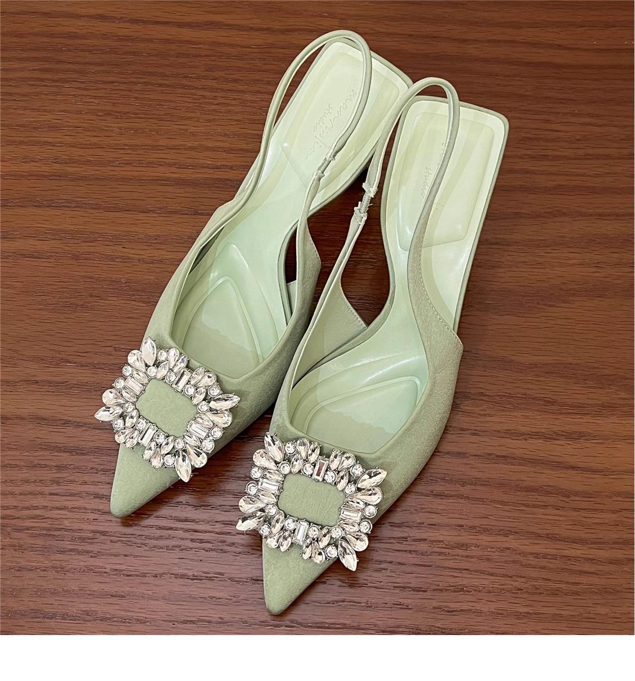 Pointed square buckle rhinestone high heel satin toe shoes