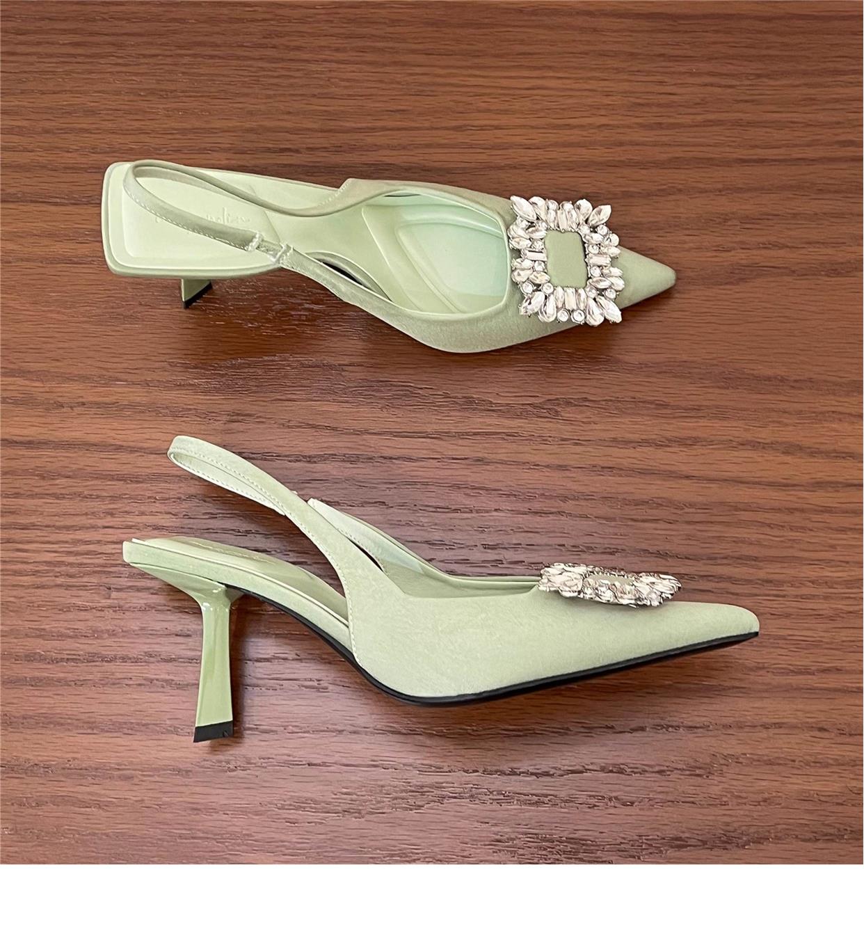 Pointed square buckle rhinestone high heel satin toe shoes