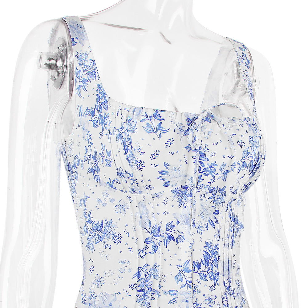 French square neck floral sleeveless vest