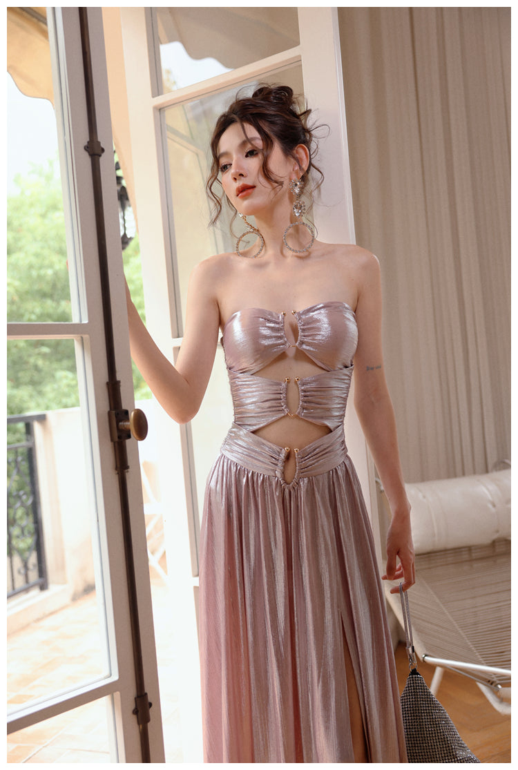 Streaming pink navel-baring tube top dress, hollow birthday skirt, mini dress