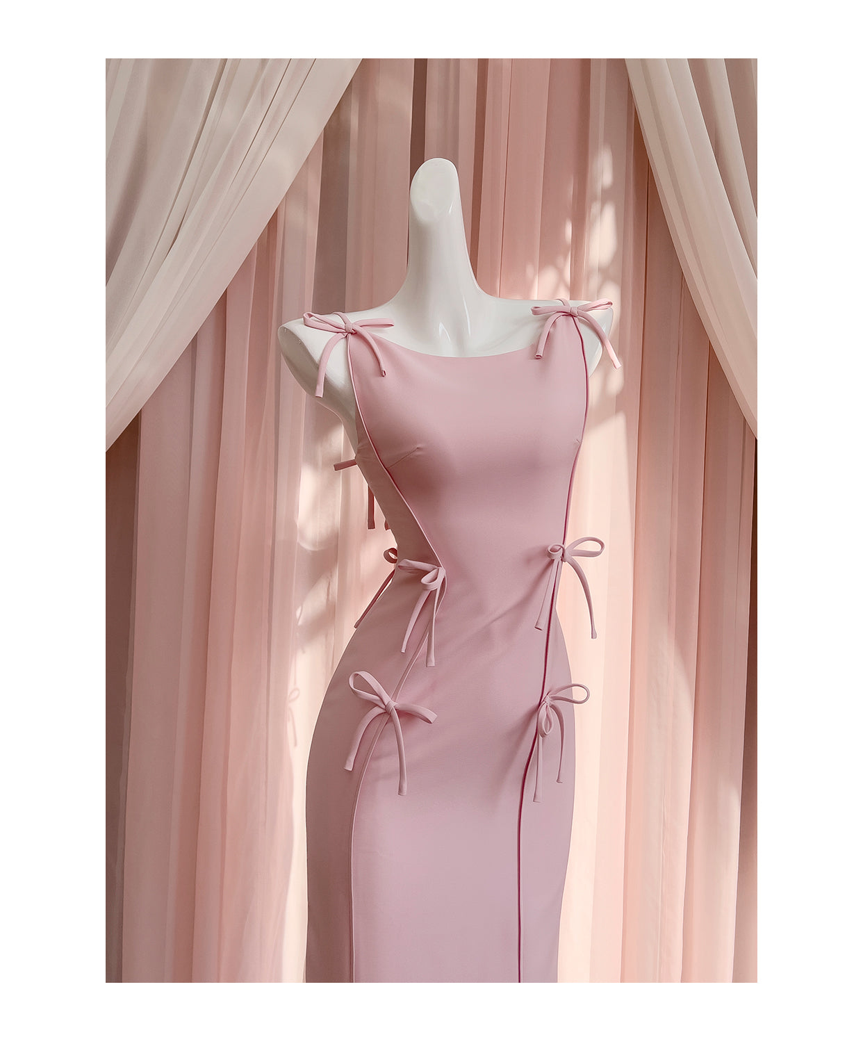 Pink bow waist slimming long dress, high-end suspender dress
