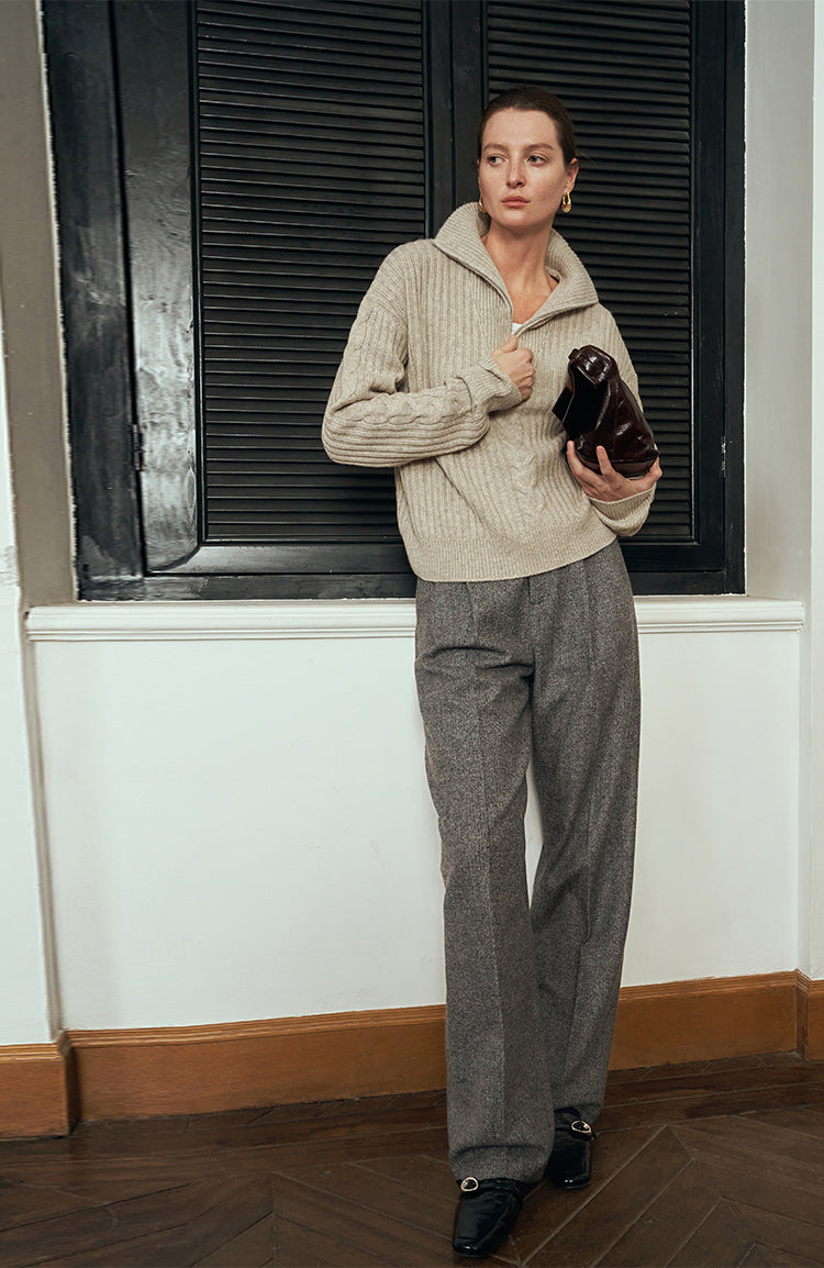 Herringbone pattern Australian wool trousers baggy wide leg trousers