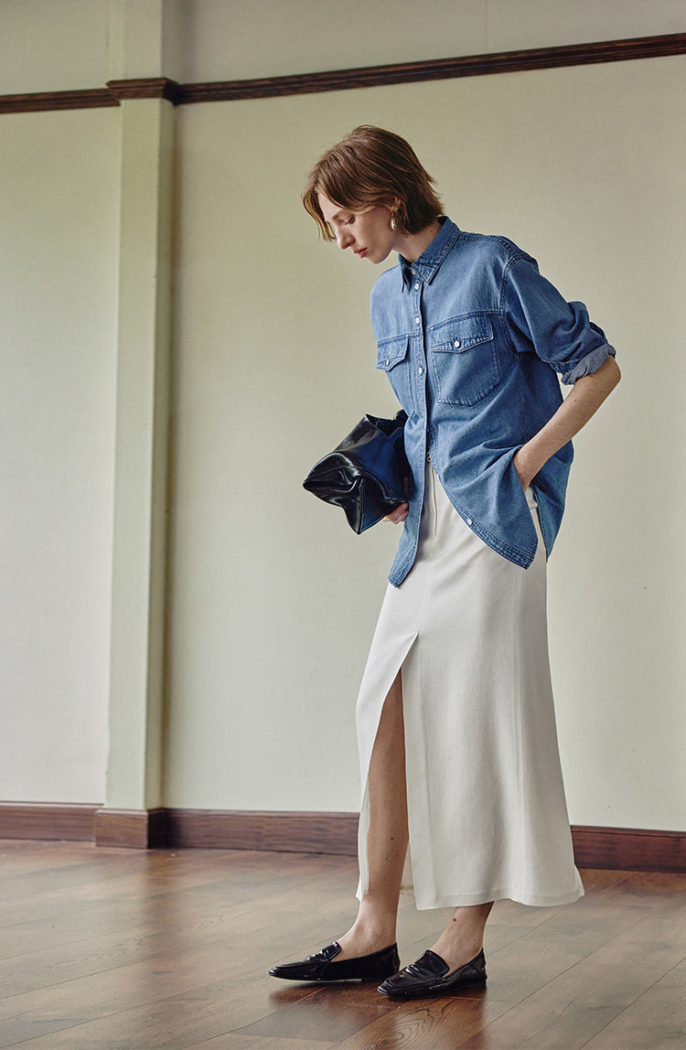 Light washed linen peak collar denim shirt