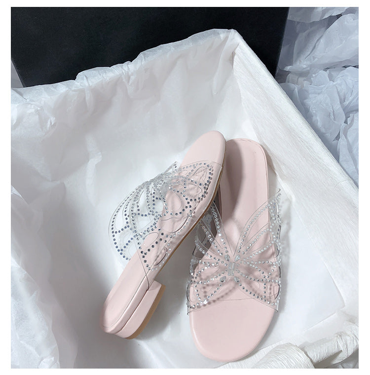 Super Fairy Rhinestone Transparent Butterfly PVC Low Heel Slippers for Women