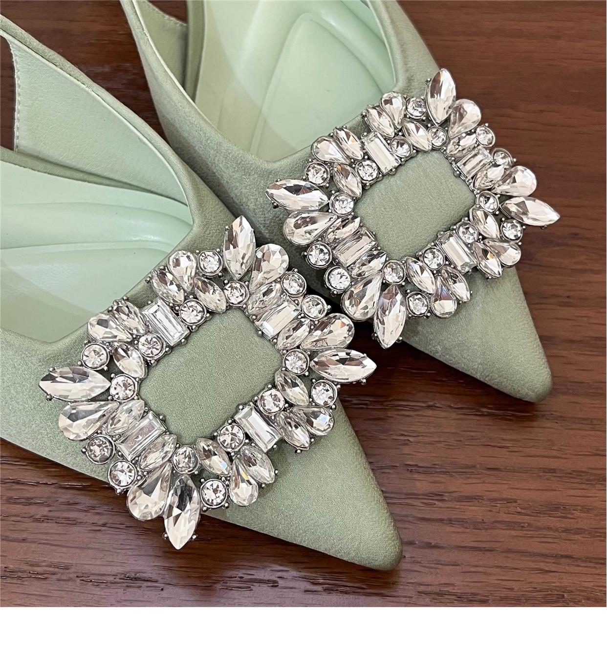 Pointed square buckle rhinestone high heel satin toe shoes