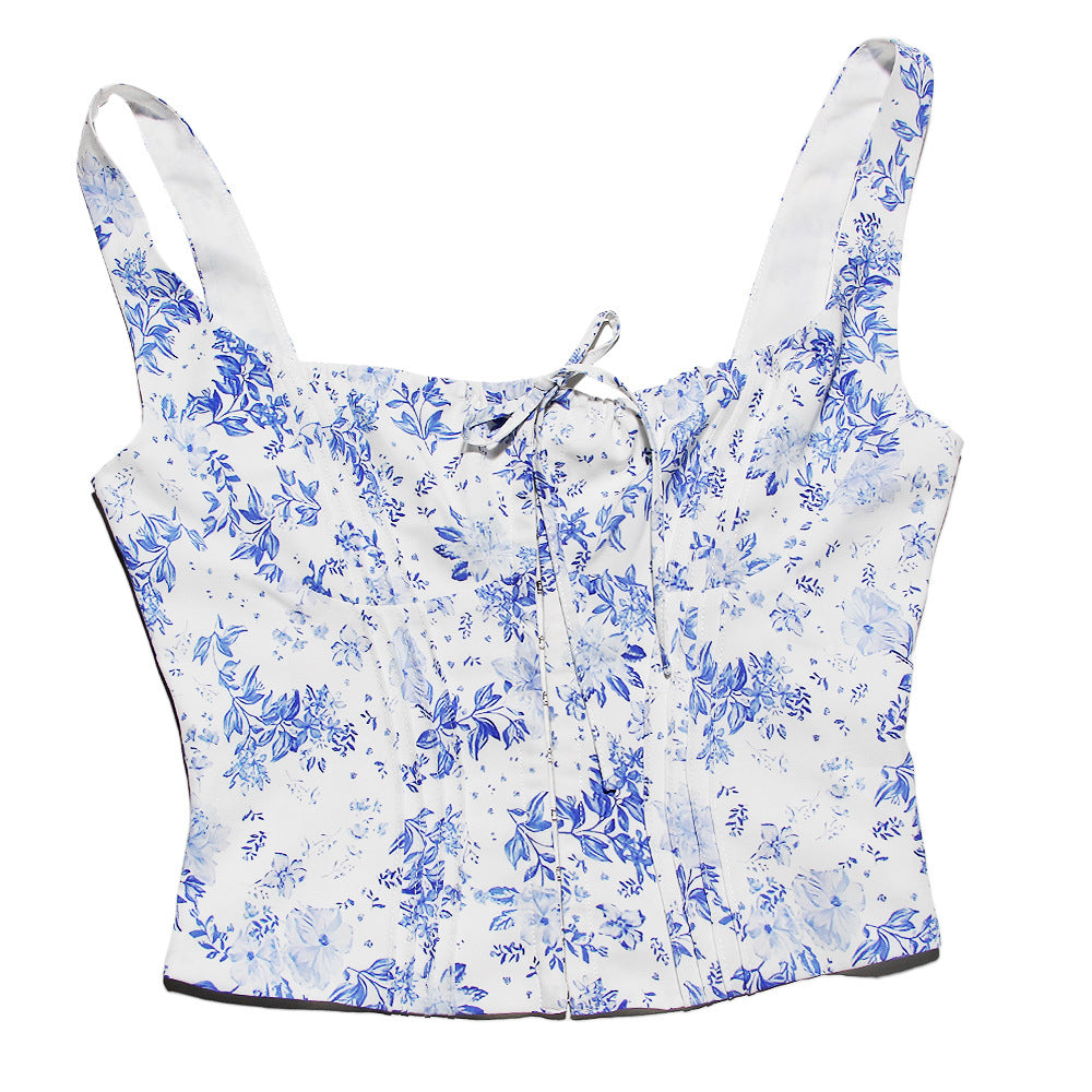 French square neck floral sleeveless vest