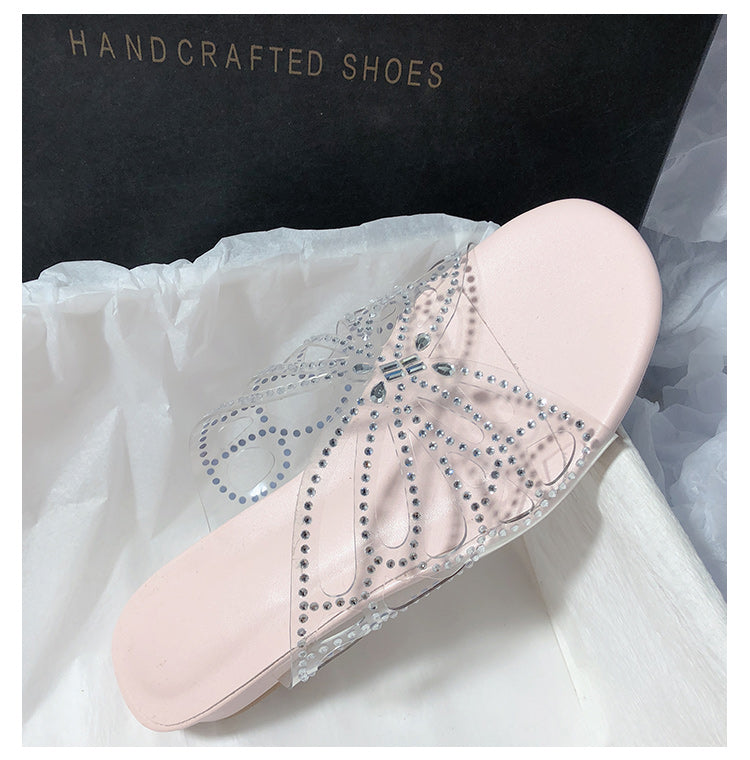 Super Fairy Rhinestone Transparent Butterfly PVC Low Heel Slippers for Women
