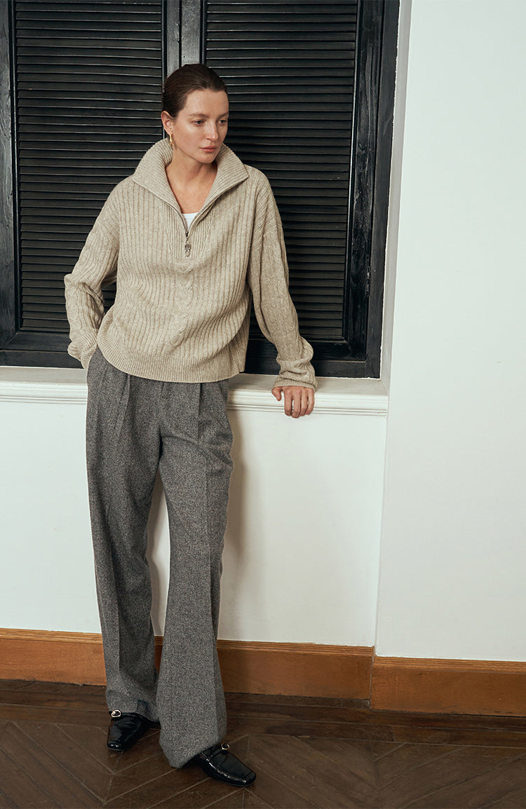 Herringbone pattern Australian wool trousers baggy wide leg trousers
