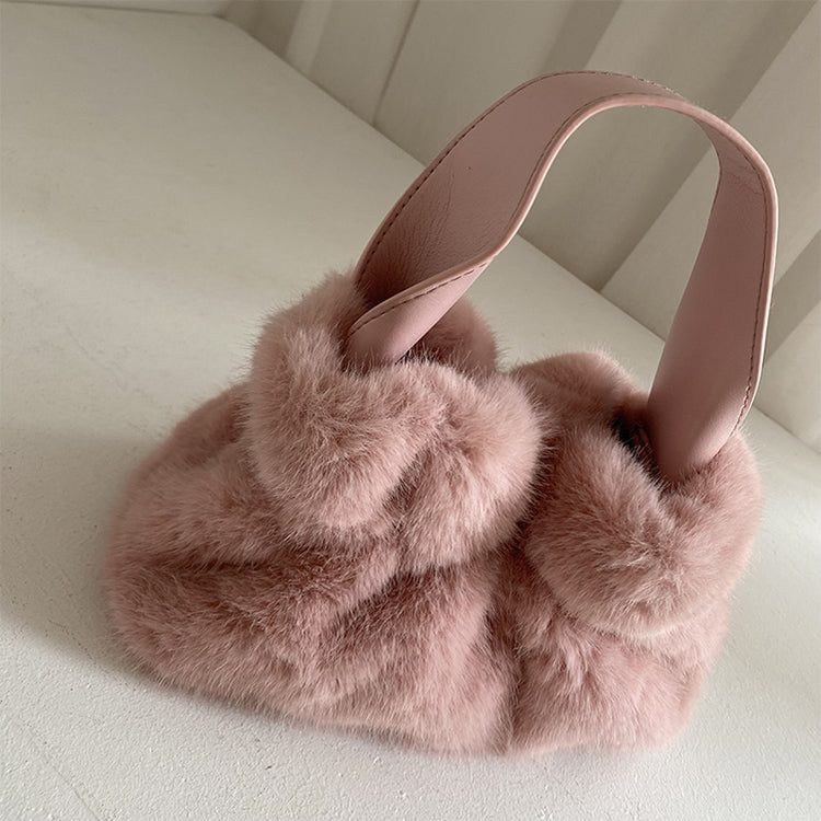 Pleated Faux Rabbit Fur Crossbody Bag