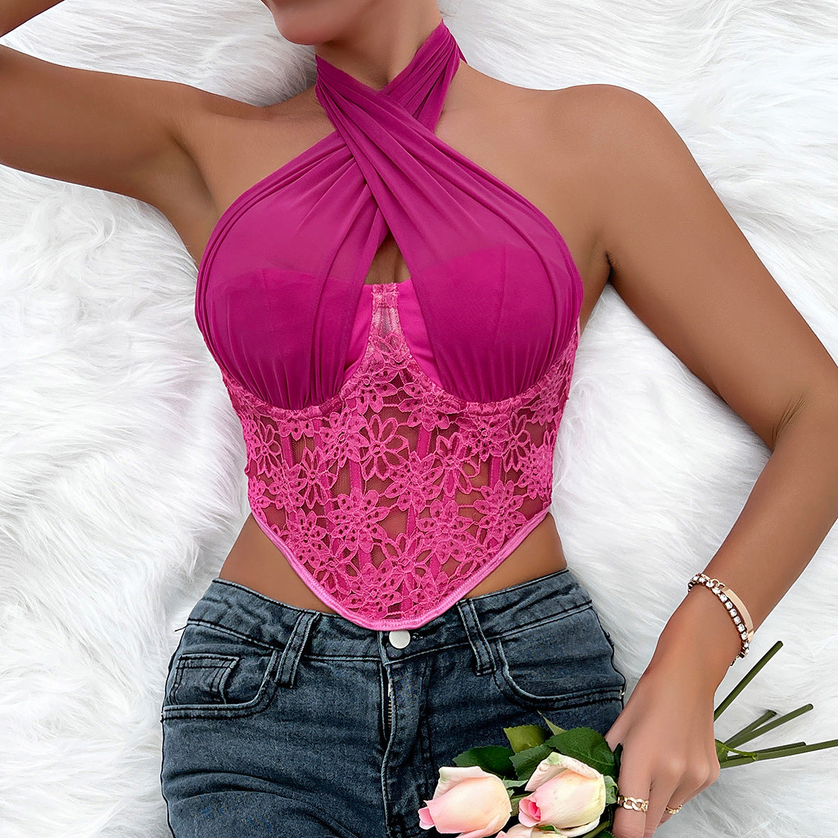 Lace mesh cross halter top rhombus fishbone vest