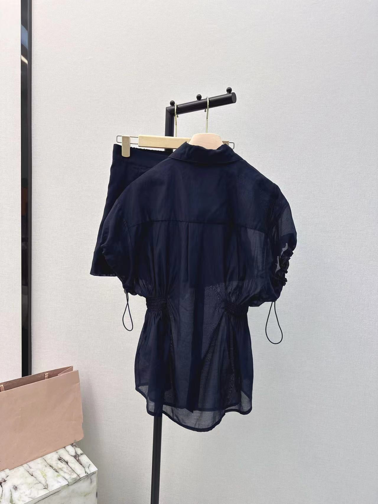 Girly style letter embroidered lapel short-sleeved sun protection shirt and shorts suit