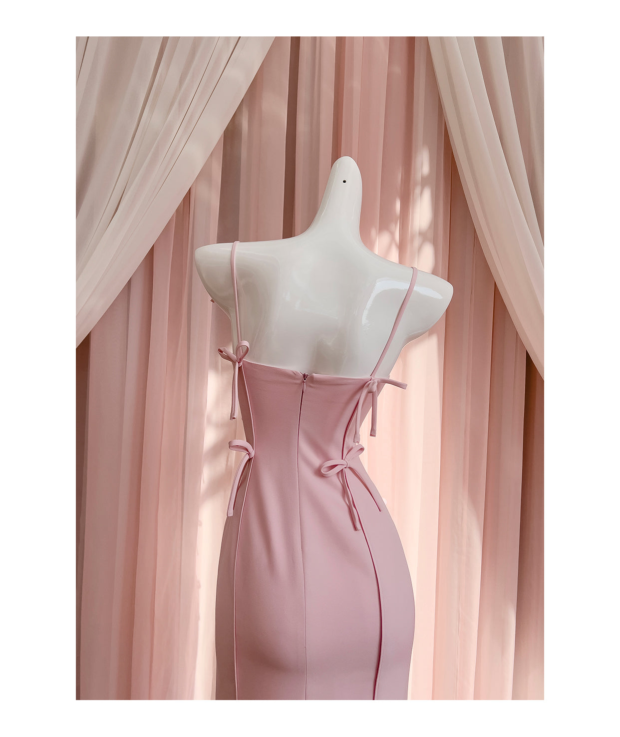 Pink bow waist slimming long dress, high-end suspender dress