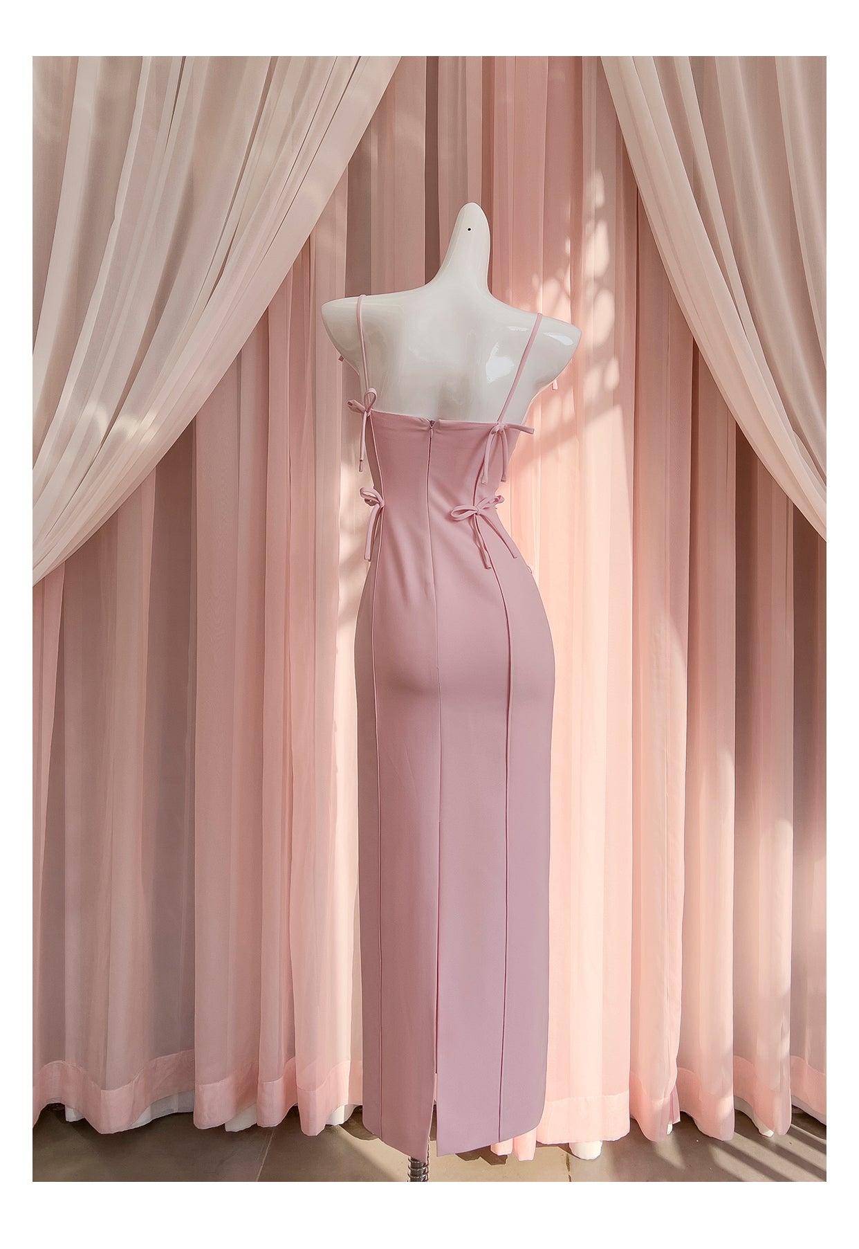 Pink bow waist slimming long dress, high-end suspender dress