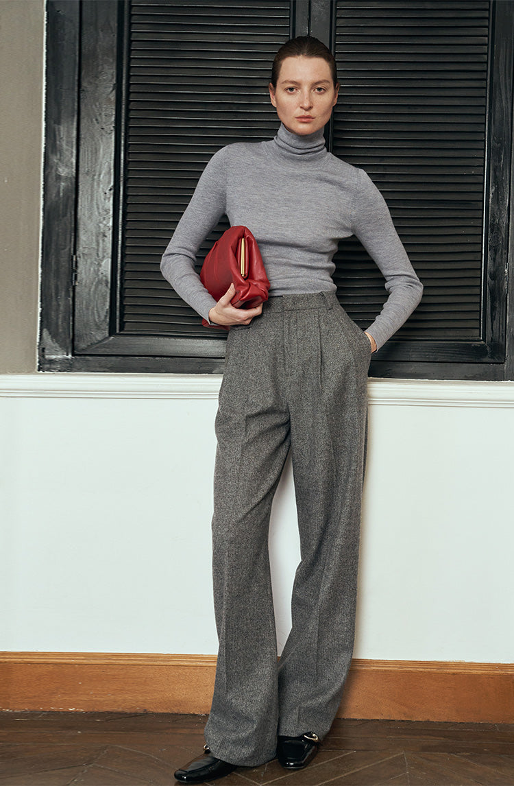 Herringbone pattern Australian wool trousers baggy wide leg trousers