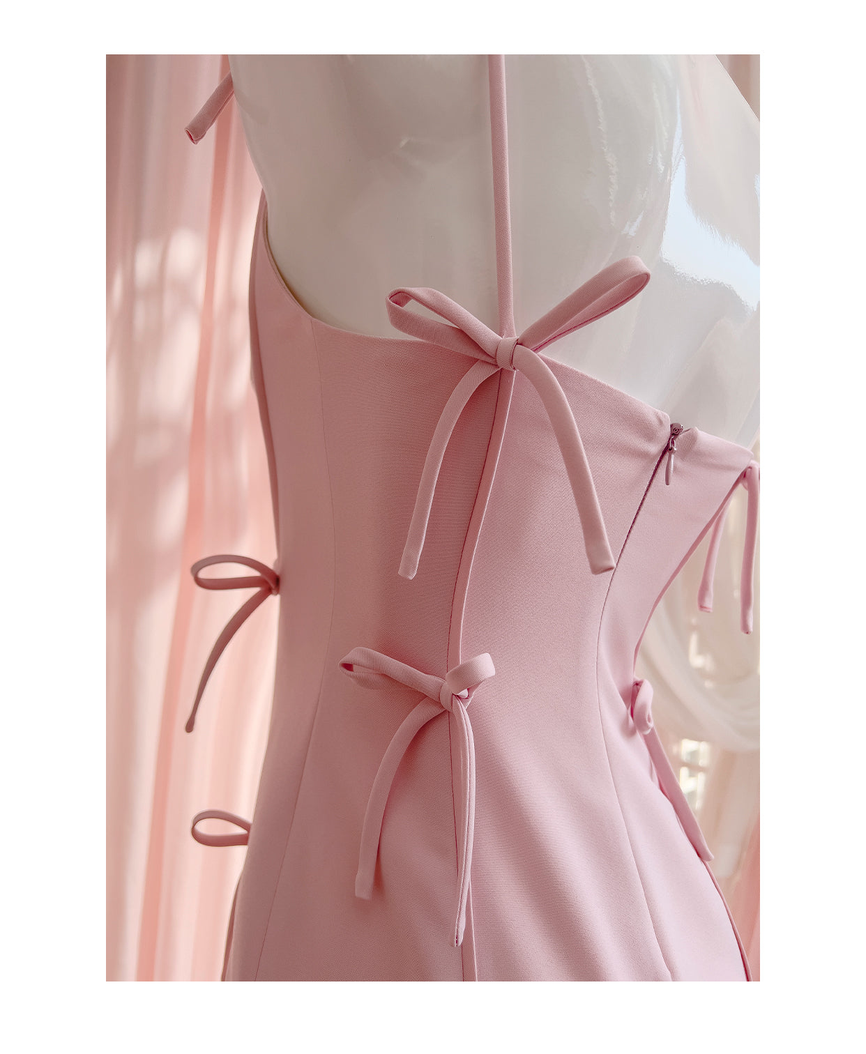 Pink bow waist slimming long dress, high-end suspender dress