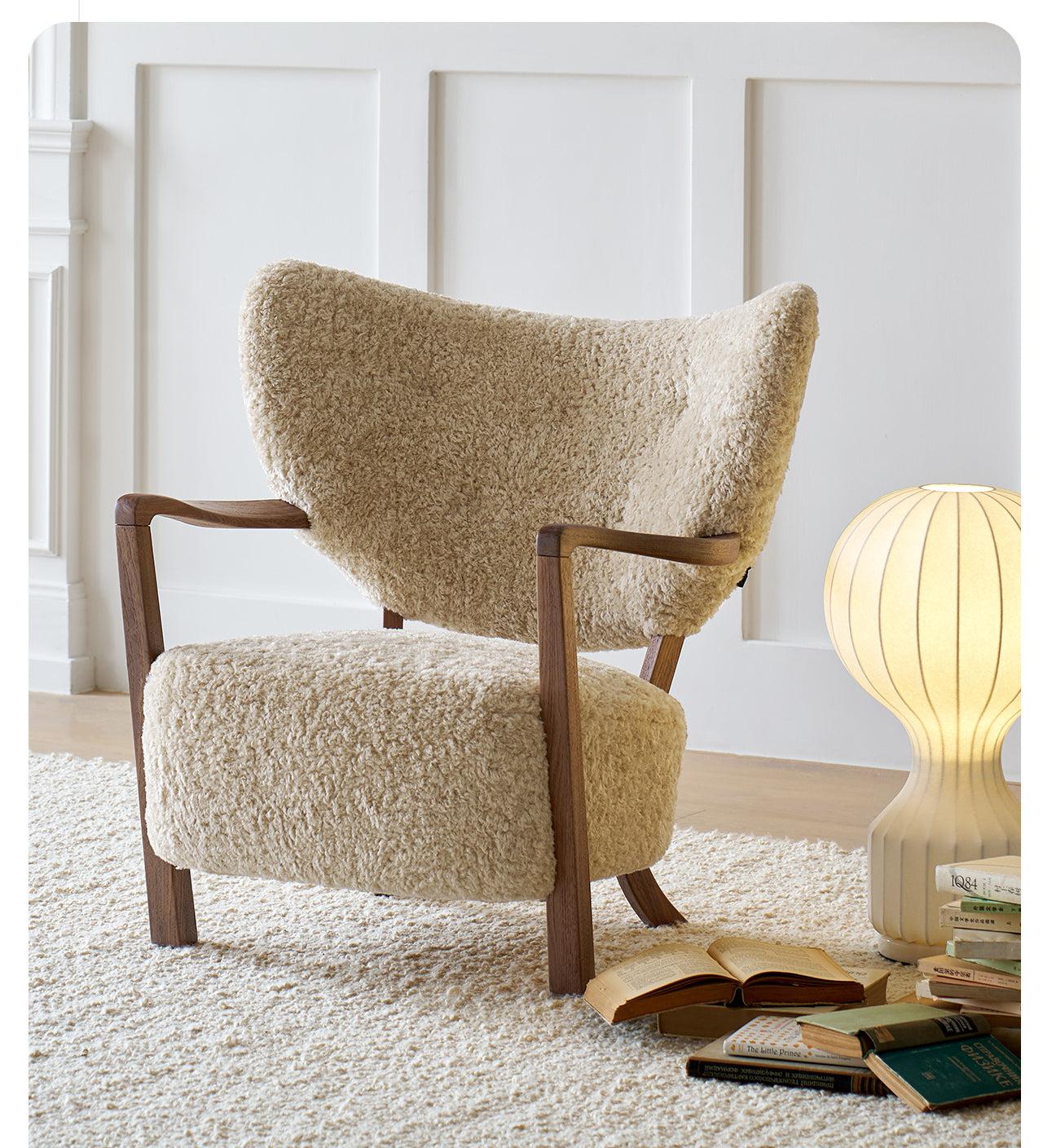 Woolf leisure chair milk tea brown French retro style solid wood mid-century style lamb velvet single sofa chair