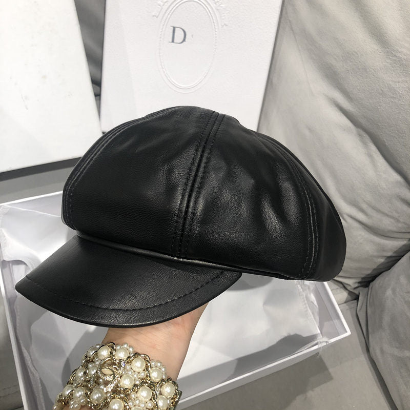 Genuine leather women's British vintage lambskin octagonal beret