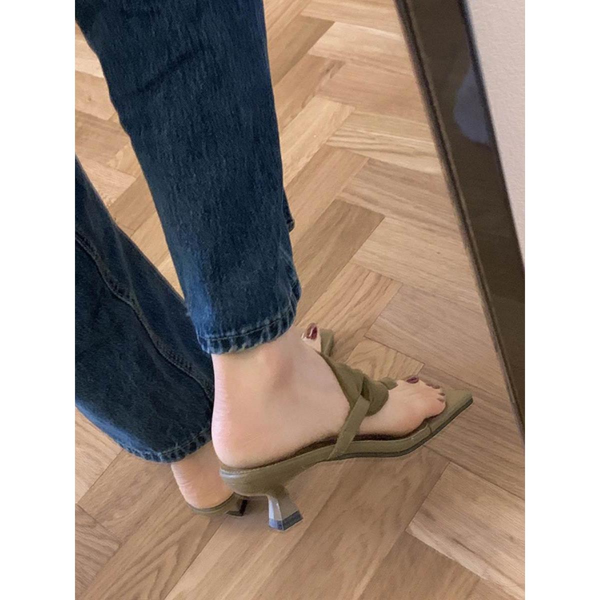 Small square toe stiletto thong sandals