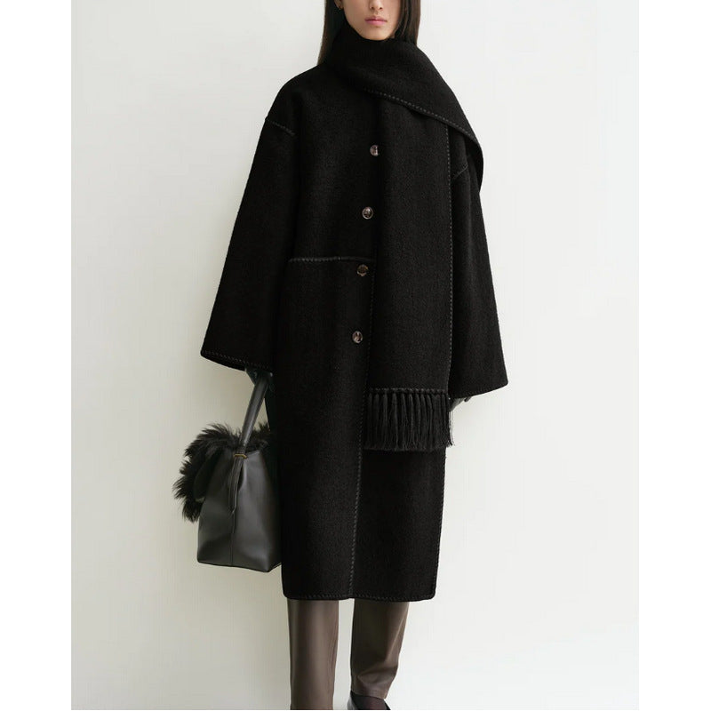 Autumn and winter loose slim camel wool blend embroidered scarf coat