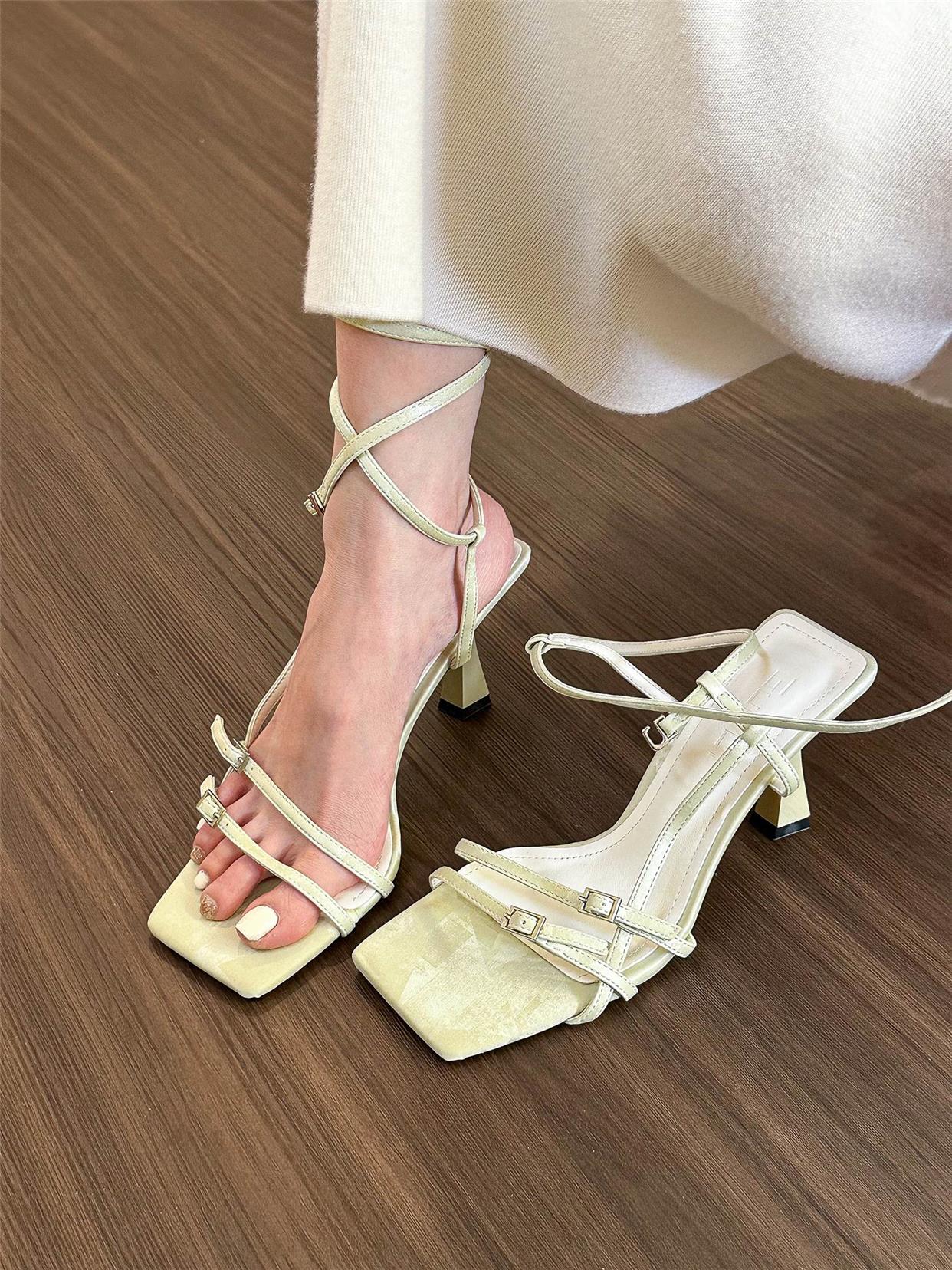 Strappy square toe open toe pumps
