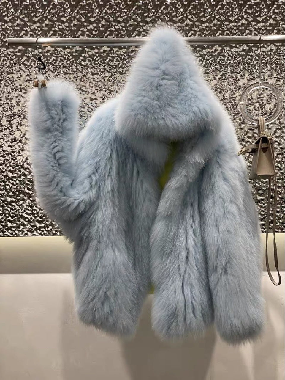 Double-woven fox fur hooded bear mid-length fur coat