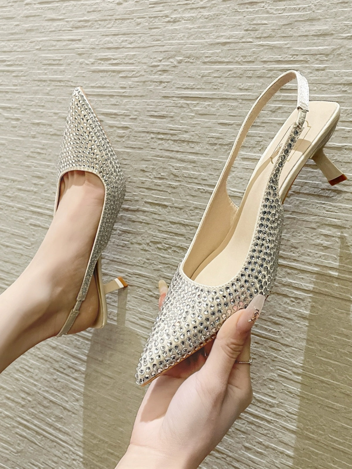Sheepskin rhinestone banquet French toe stiletto sandals