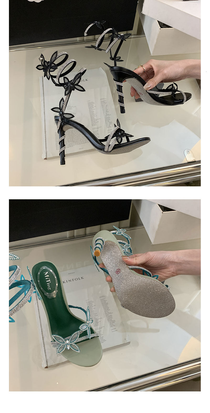 Butterfly rhinestone strappy open-toe Roman shoes