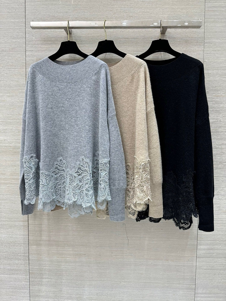 Crew neck lace appliqué cashmere sweater