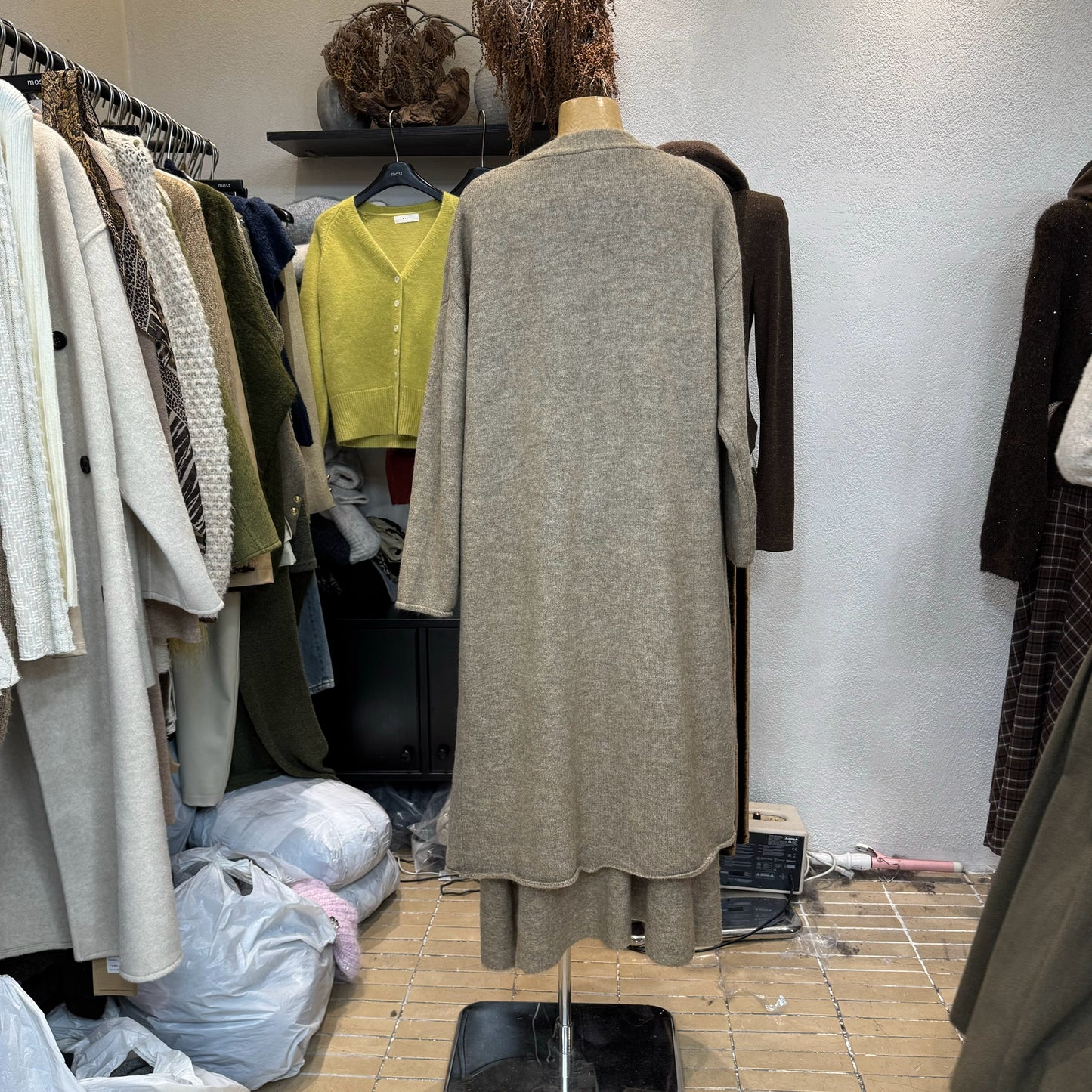 Wool off-shoulder cardigan sweater + skirt three-piece set