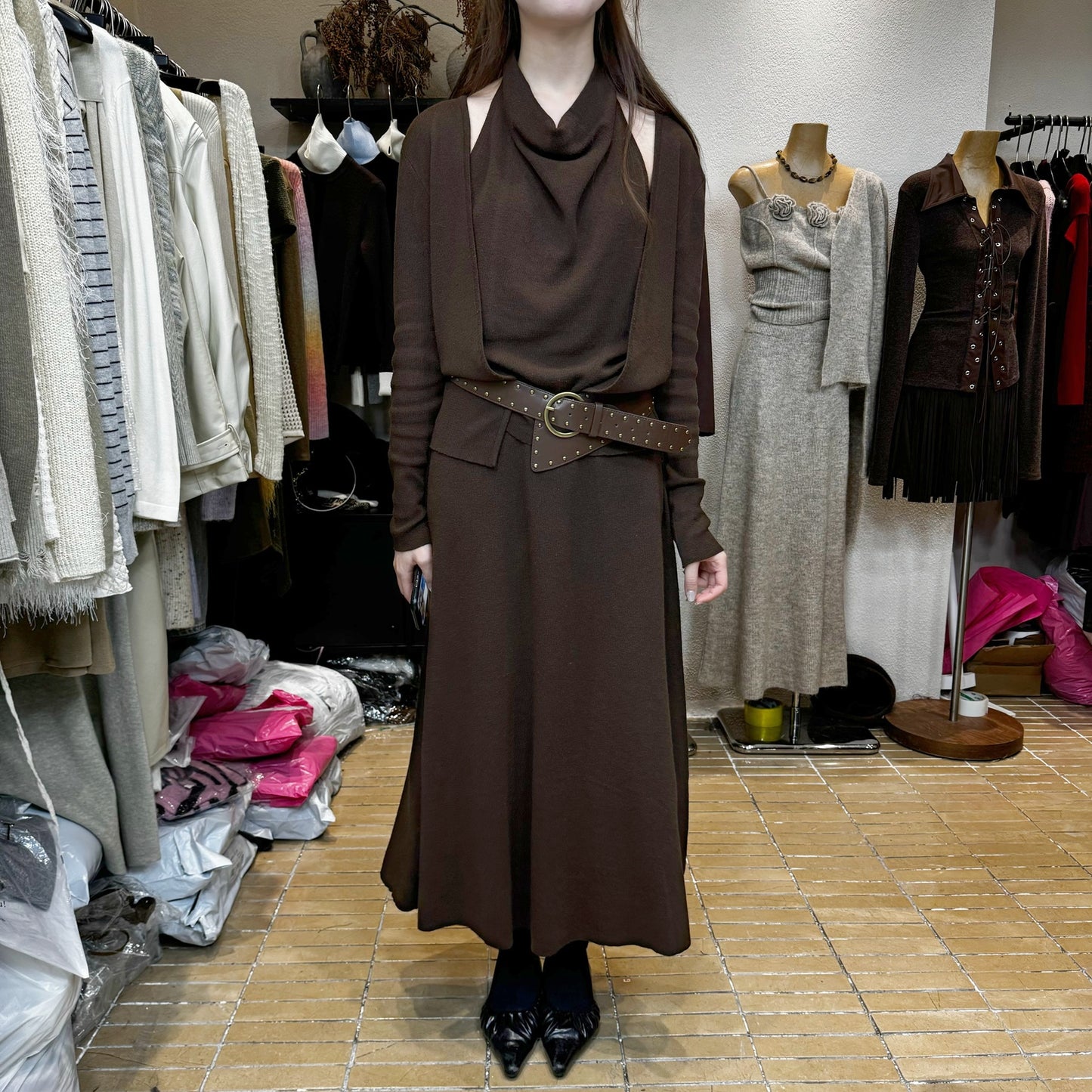 C.Halter vest knitted long-sleeved top + long skirt two-piece set