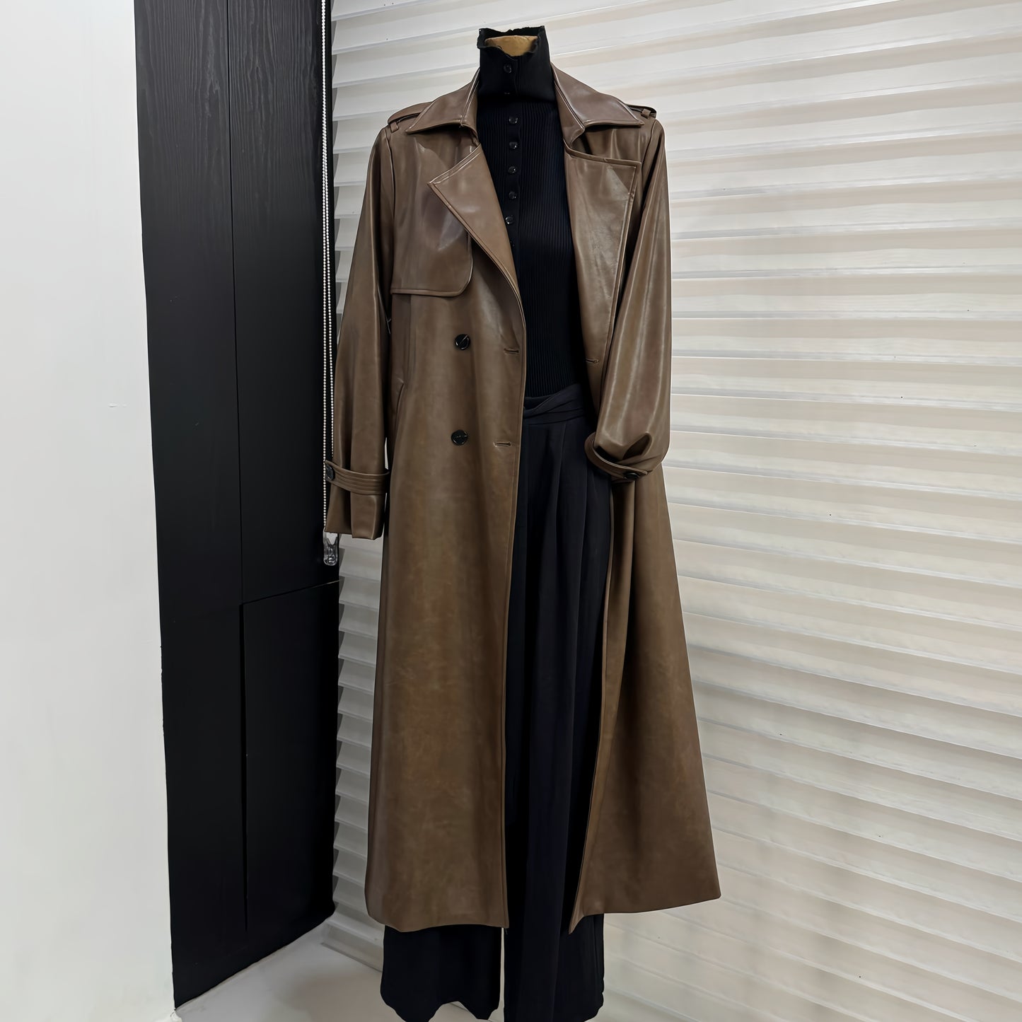 PU leather coat suit collar double breasted coat