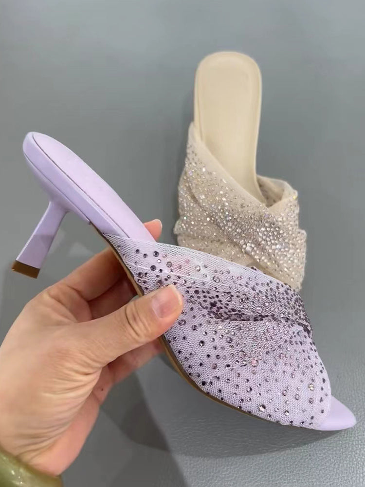 French sweet rhinestone soft gauze stiletto sandals