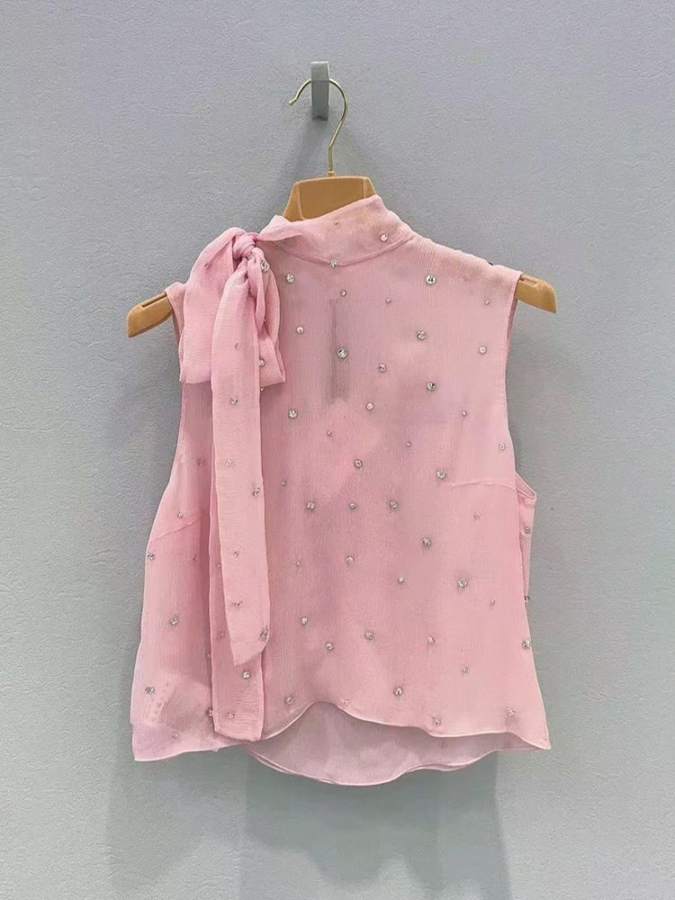 Sweet pink heavy duty rhinestone lace-up sleeveless tank top