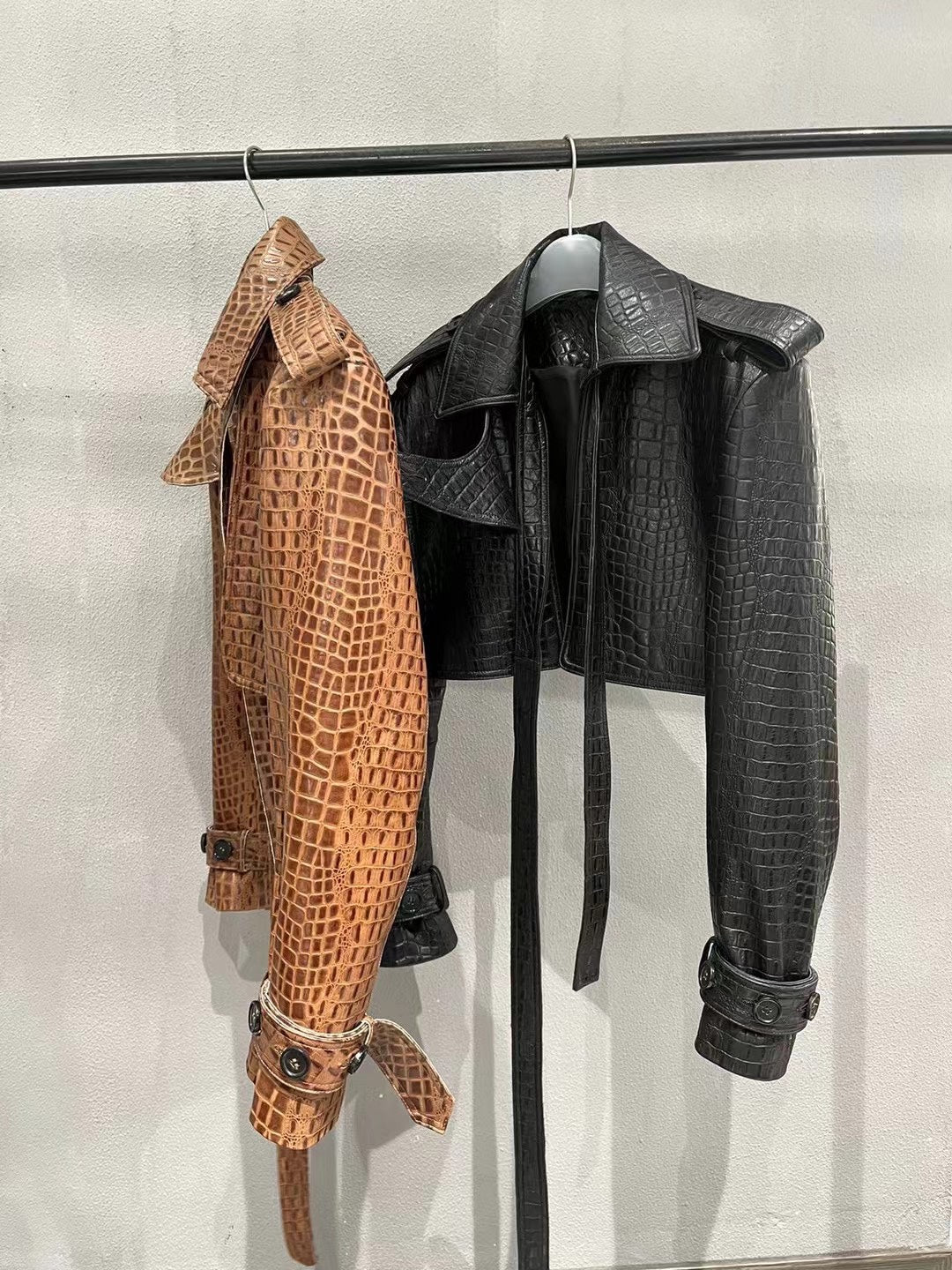Crocodile print sheepskin leather biker jacket