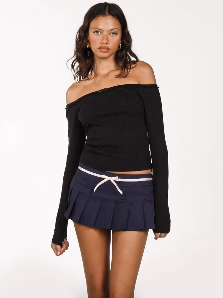 One-shoulder off-shoulder lace bow slim fit bottoming shirt