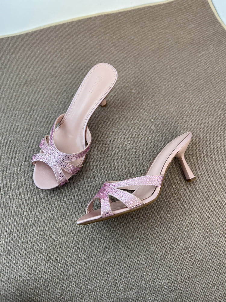 Sequined round toe stiletto sandals and high heels