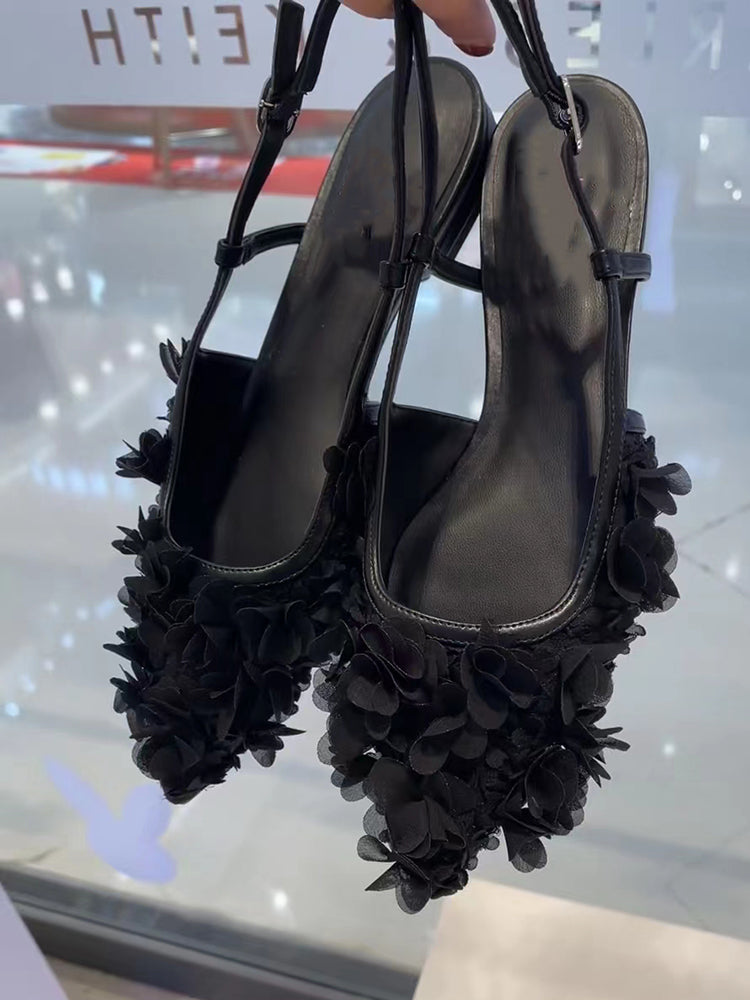 Niche low heel toe sandals with lace flowers