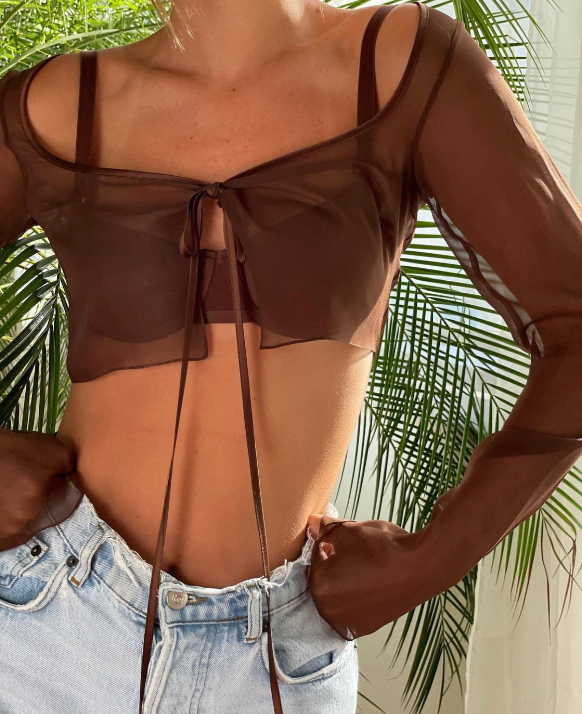 Bell sleeve cardigan short see-through top