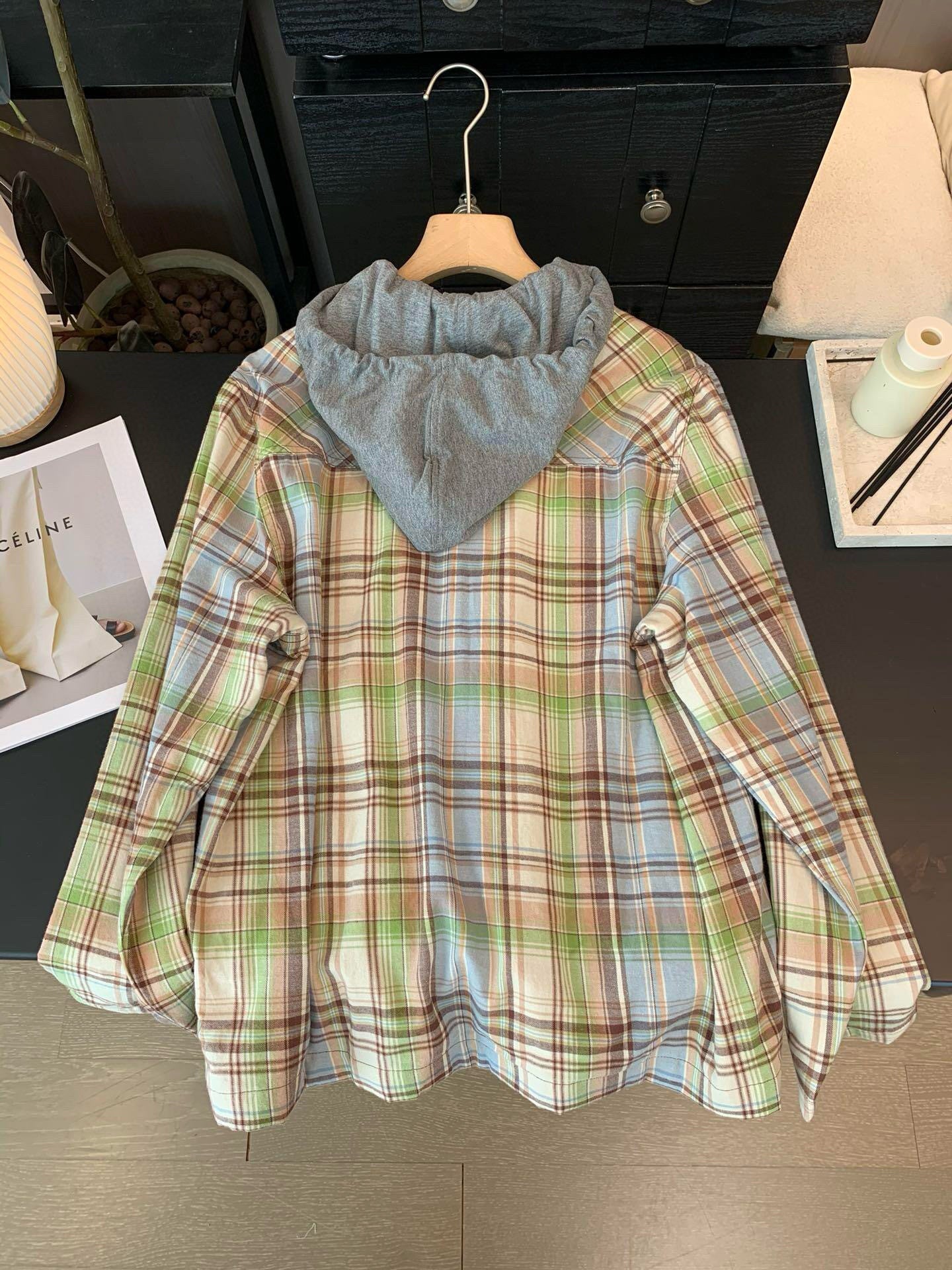 Check knitted hooded shirt jacket