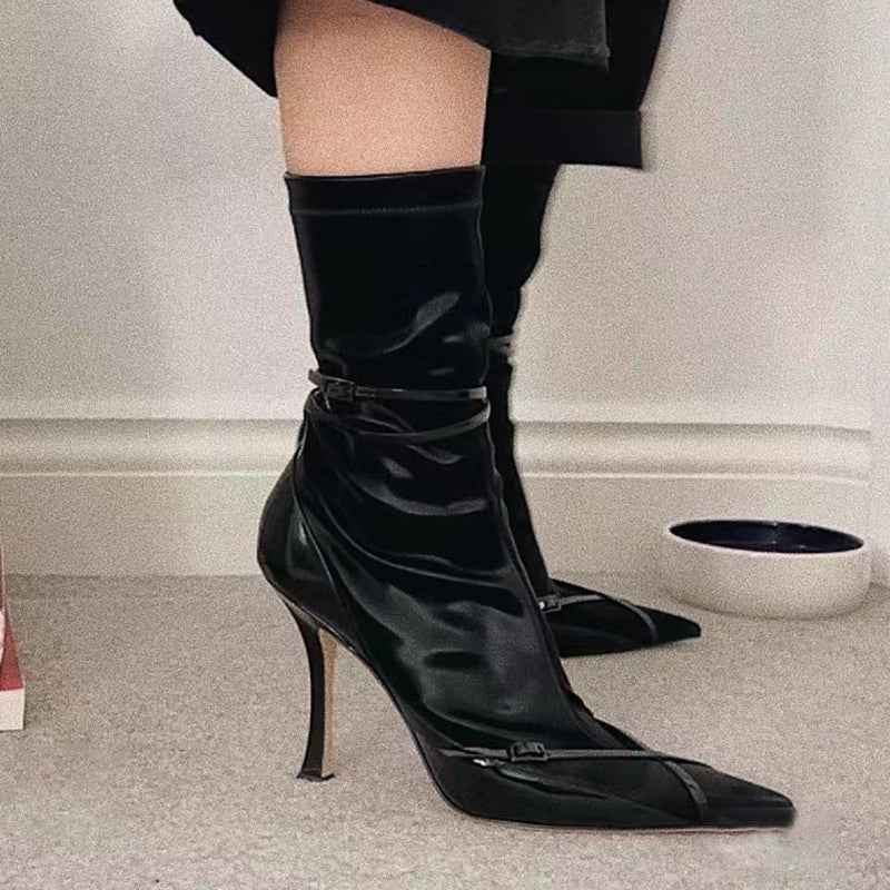 Women's mid-calf elastic boots with pointed toe high heel socks